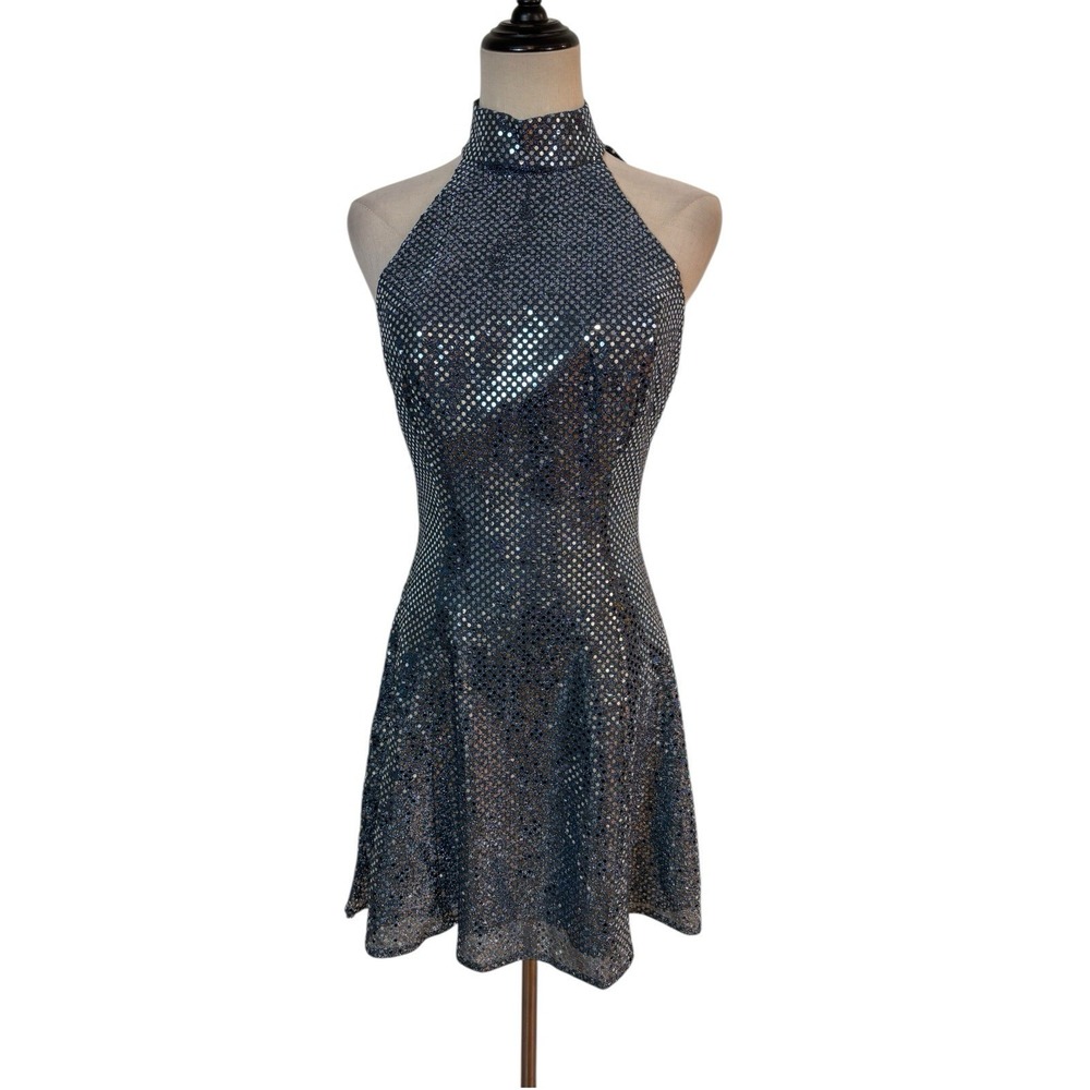 Vtg 90s Sequin Halter Mini Dress Open Back Sz‎ 7/8 Glam Club Party Cyber Punk